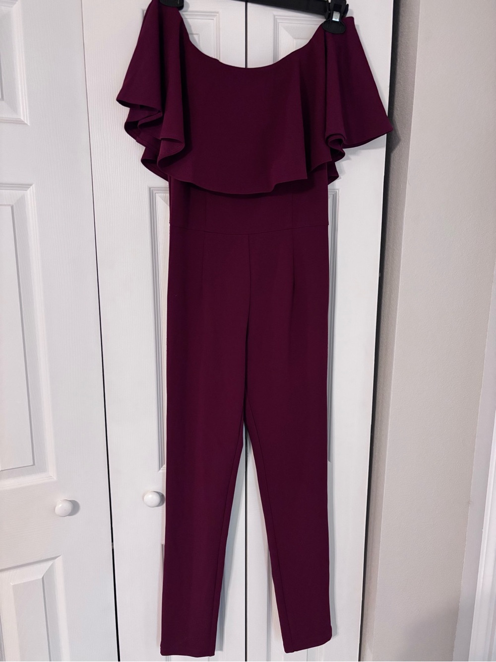 Sugar Off-Shoulder Ruffle Jumpsuit in Wine